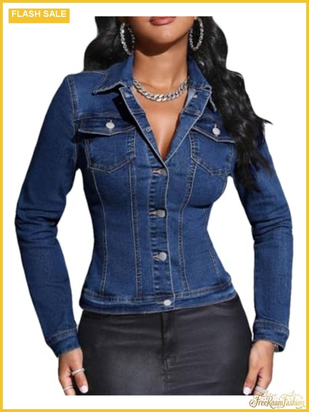 Women Cropped Denim Jacket Long Sleeve Slim Fitted Stretchy Jean Jacket with